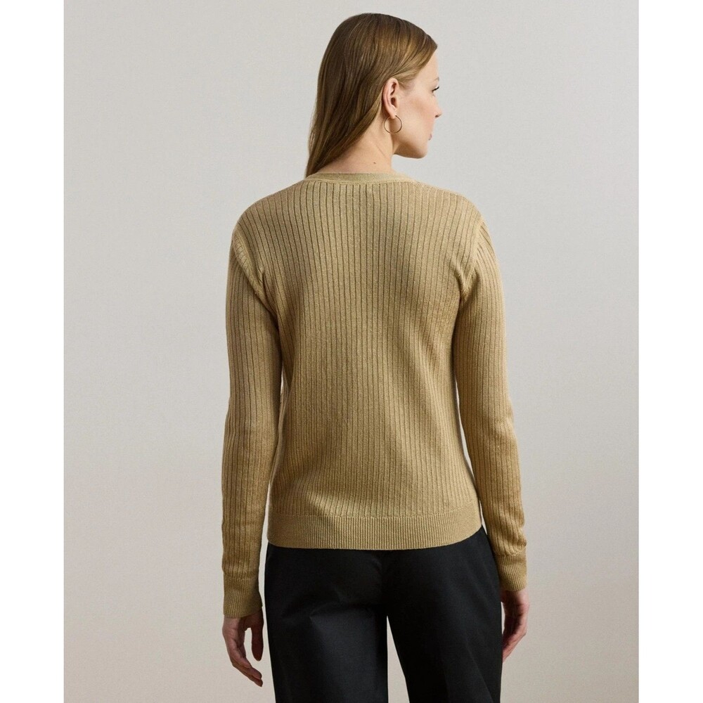 Lauren Ralph Lauren Women's Rib-Knit Linen-Blend V-Neck Cardigan Tan M - Picture 3 of 5